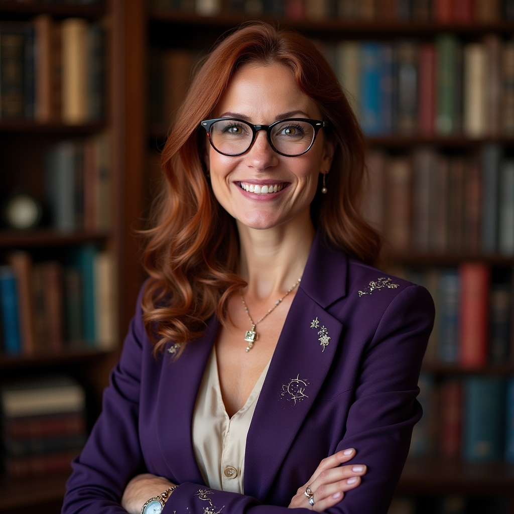 Founder of Magicglowup in her office surrounded by magical artifacts