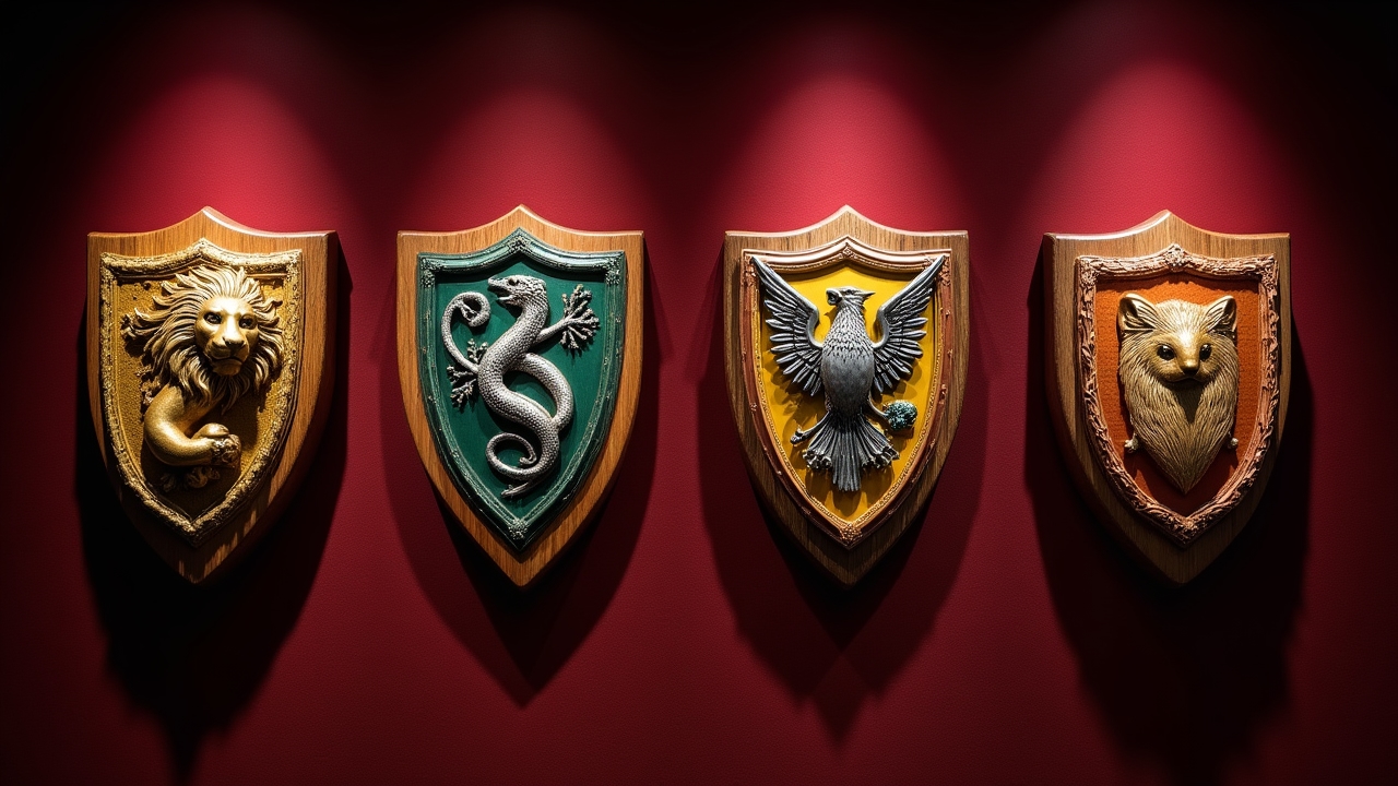 The four Hogwarts house emblems displayed on elegant wooden shields