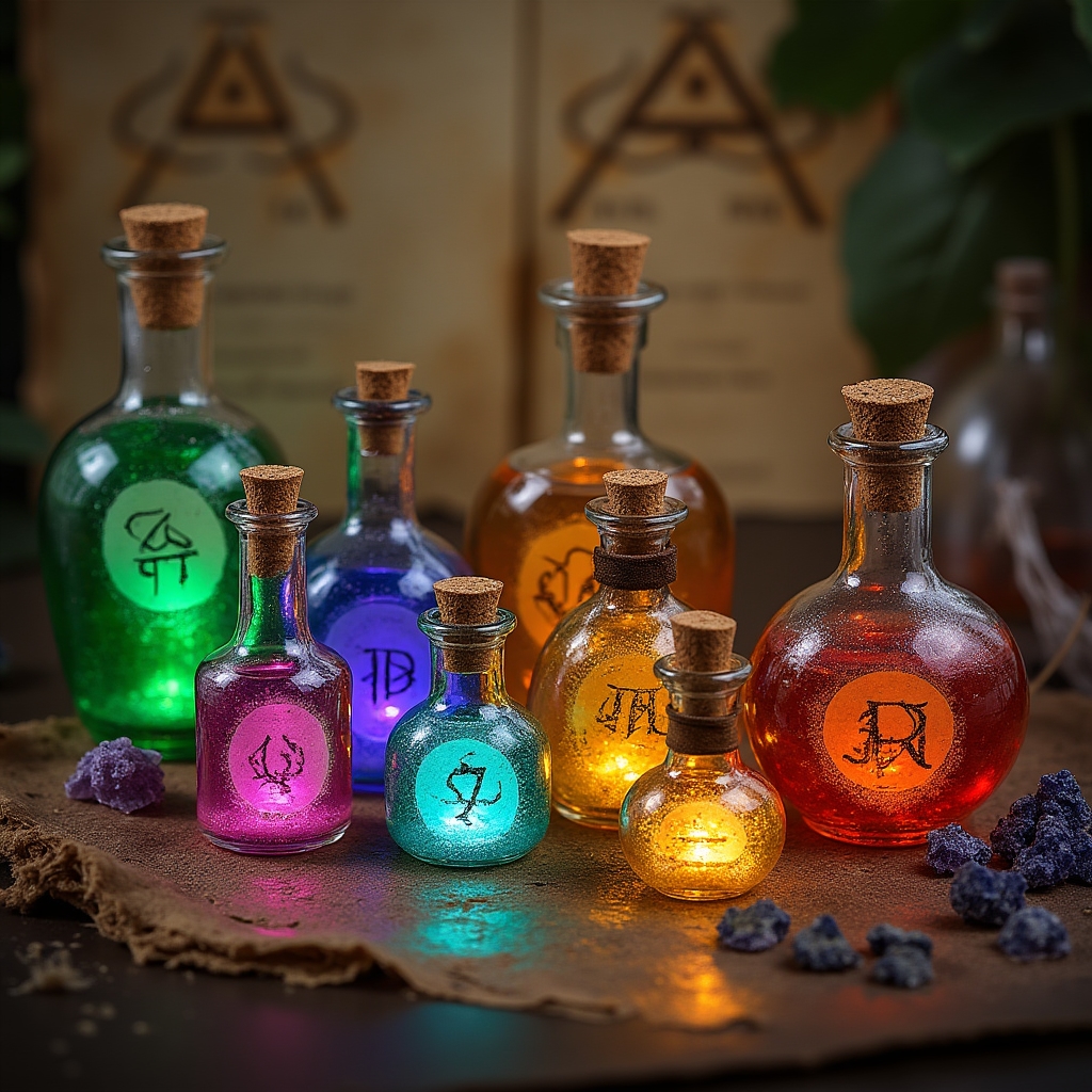 Collection of potion bottles with colorful magical liquids and vintage labels